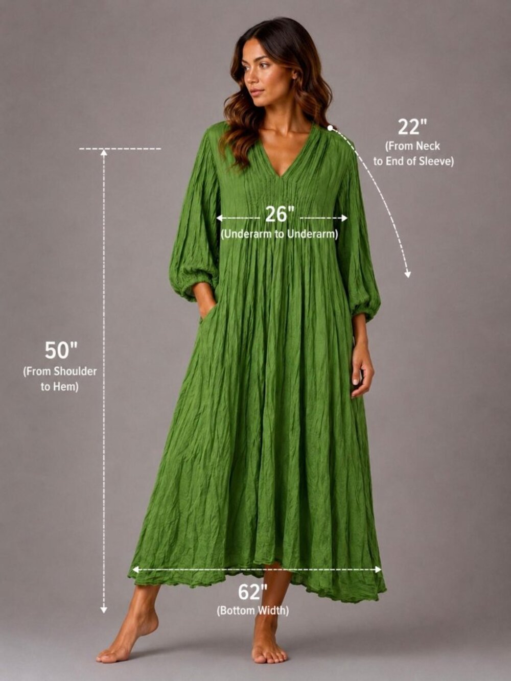 NEW Green Cotton Boho Maxi Dress – Oversized Relaxed Fit with Pockets Thailand - Picture 10 of 10